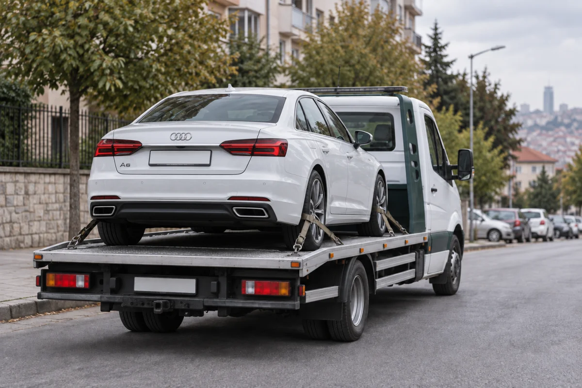 Çekici platformuna yüklenmiş Audi A6, arkadan görünüm — temsili görsel