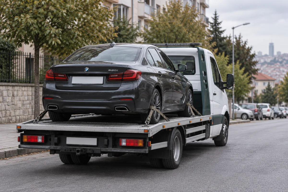 Çekici platformuna yüklenmiş BMW 5 Serisi, arkadan görünüm — temsili görsel